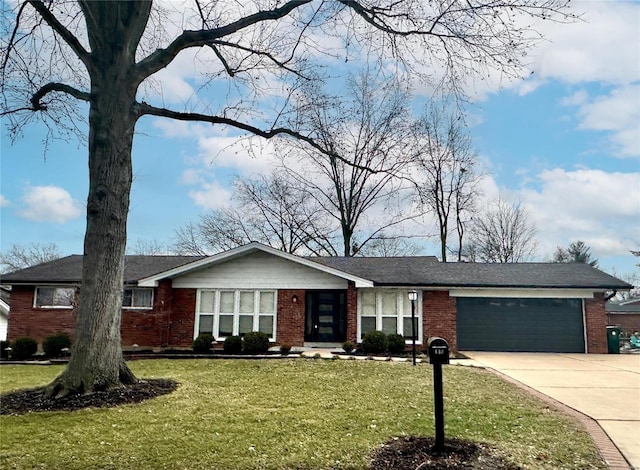 single story home with a garage and a front lawn