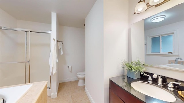 full bathroom with vanity, tile patterned floors, independent shower and bath, and toilet