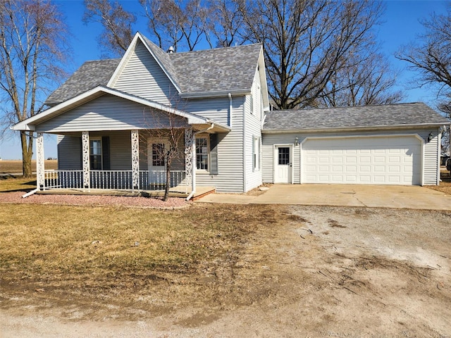 view of front of home with driveway, a garage, a shingled roof, a porch, and a front lawn