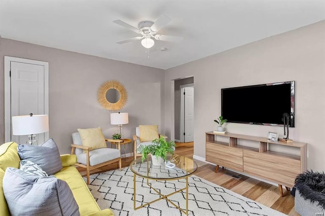 living room featuring ceiling fan and wood-type flooring