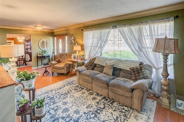 living room featuring a wealth of natural light and wood-type flooring