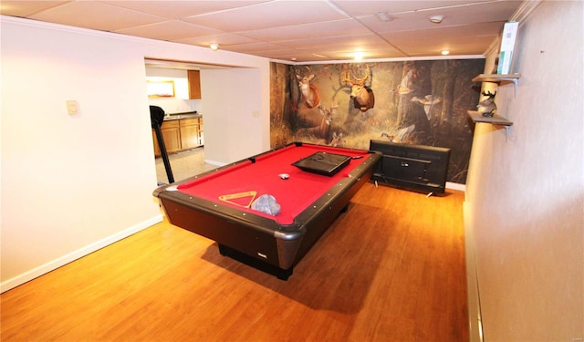 game room featuring a drop ceiling, billiards, and wood-type flooring