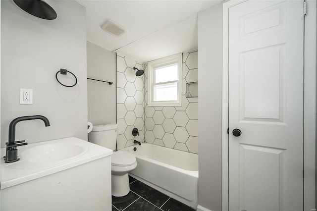 full bathroom with vanity, toilet, tile patterned floors, and tiled shower / bath