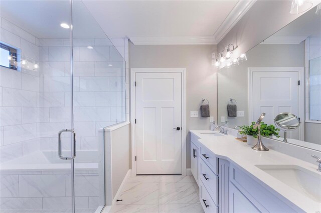 bathroom with an enclosed shower, vanity, and crown molding