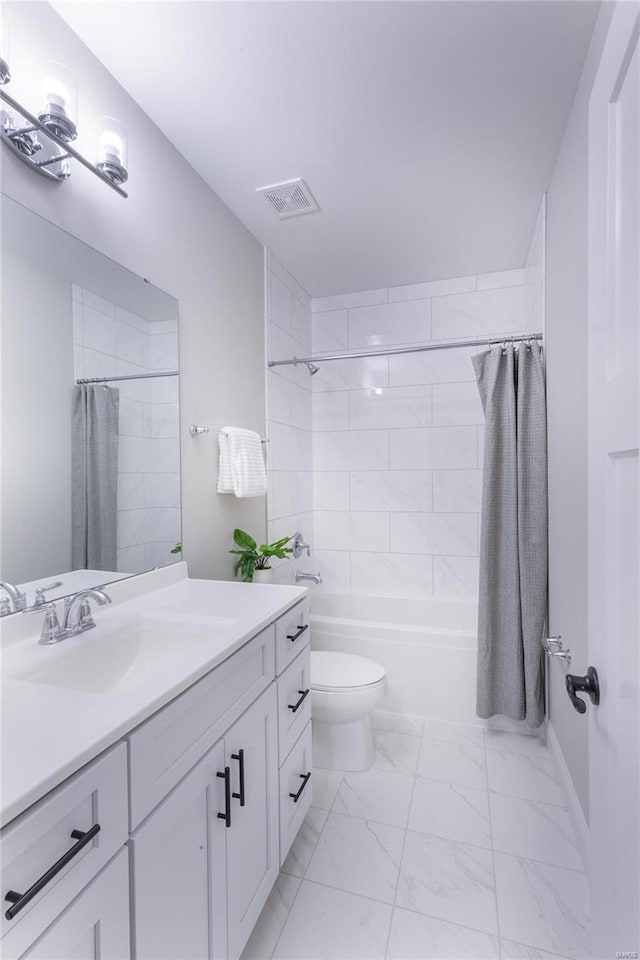 full bathroom with shower / bath combination with curtain, vanity, and toilet