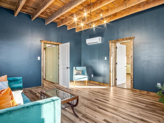 living area featuring wooden ceiling, beamed ceiling, wood-type flooring, and a wall mounted air conditioner