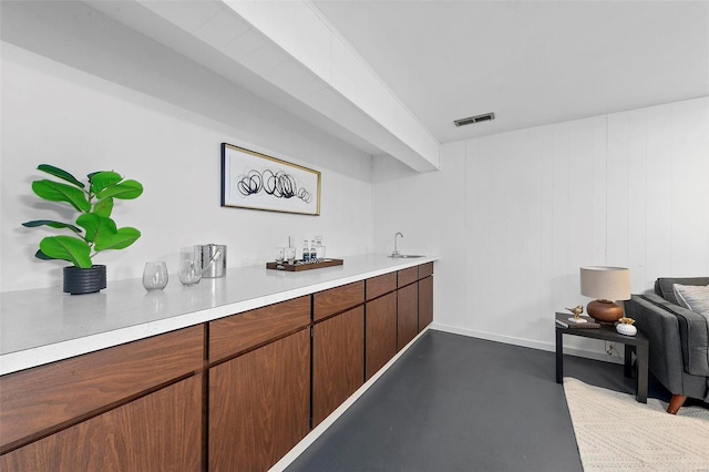 bar with sink and wooden walls