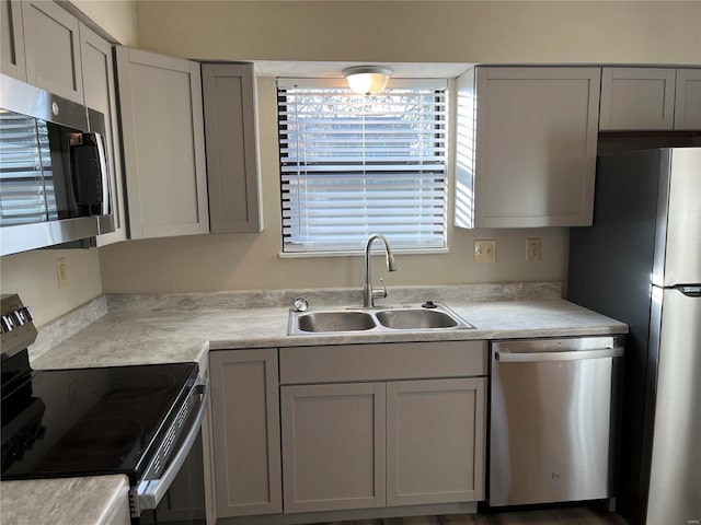 kitchen featuring appliances with stainless steel finishes, sink, and gray cabinetry