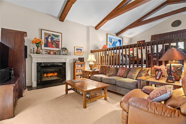 carpeted living room featuring a high end fireplace and lofted ceiling with beams