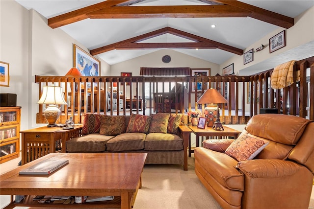 carpeted living room with lofted ceiling with beams