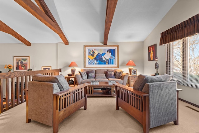 carpeted living room featuring lofted ceiling with beams