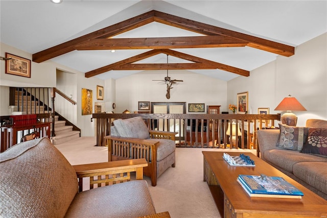 living room with light carpet, ceiling fan, and lofted ceiling with beams