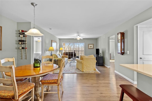 dining room with ceiling fan and light hardwood / wood-style floors