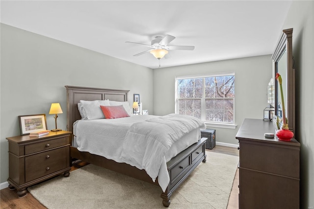 bedroom featuring ceiling fan and light hardwood / wood-style flooring