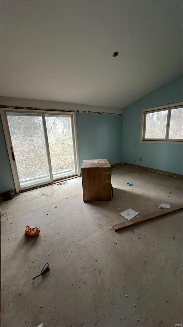 empty room with vaulted ceiling and a wealth of natural light