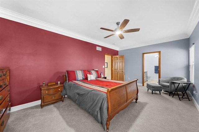 carpeted bedroom with crown molding and ceiling fan