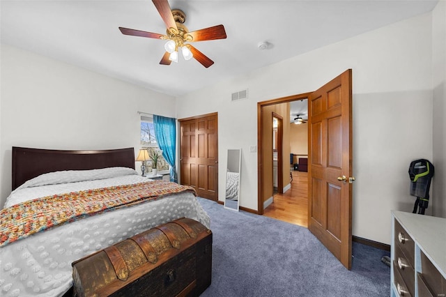 bedroom featuring ceiling fan, a closet, and carpet