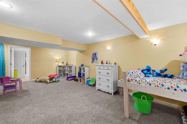 bedroom featuring beam ceiling and carpet