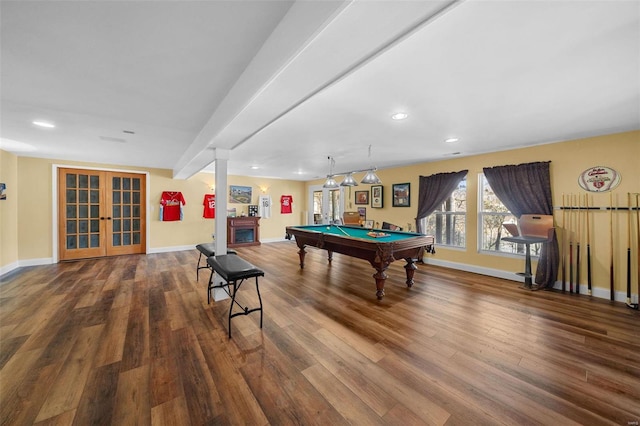 rec room with french doors, billiards, and hardwood / wood-style flooring