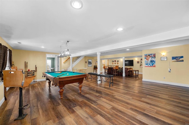 game room with pool table, wood-type flooring, and bar area