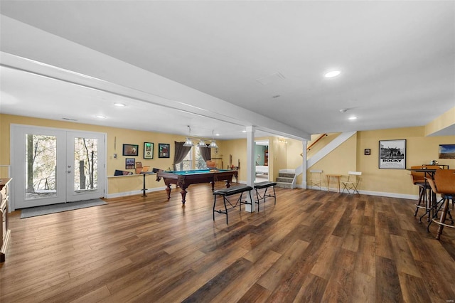 rec room with hardwood / wood-style flooring, french doors, and billiards