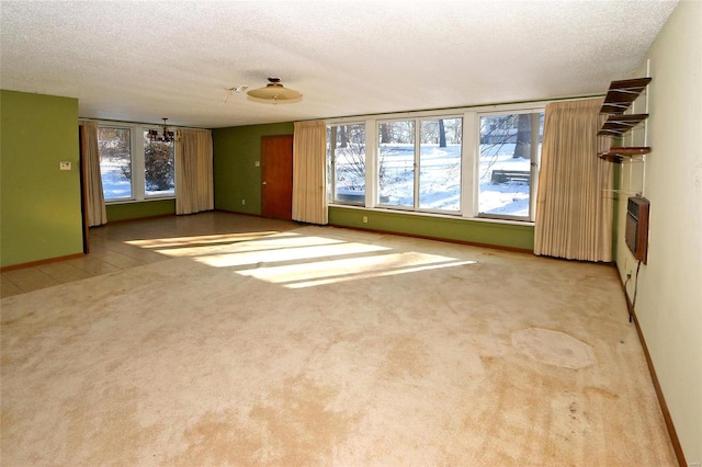 empty room featuring heating unit, light colored carpet, and a textured ceiling