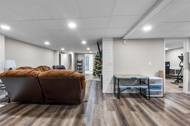 living room with dark hardwood / wood-style flooring