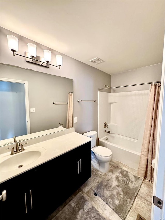 full bathroom featuring toilet, vanity, and shower / bathtub combination with curtain