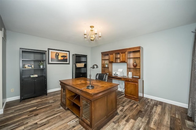 home office with dark hardwood / wood-style floors and a chandelier