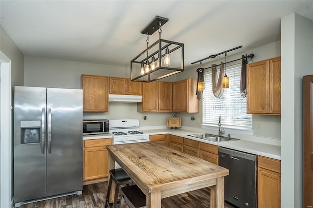 kitchen with pendant lighting, stainless steel appliances, dark wood-type flooring, and sink