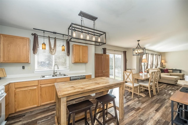 kitchen with decorative light fixtures, dishwasher, sink, range, and dark wood-type flooring