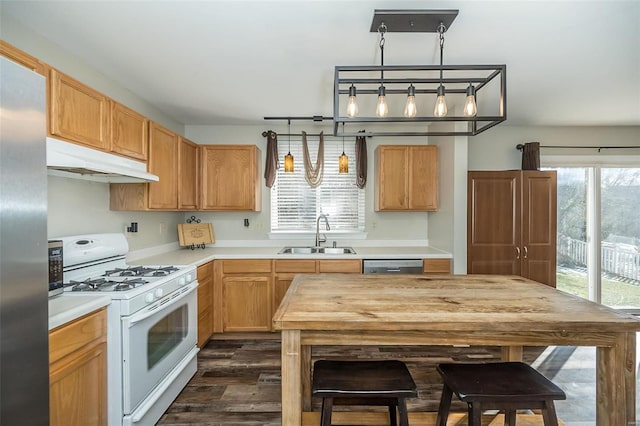 kitchen with dark hardwood / wood-style flooring, sink, hanging light fixtures, and appliances with stainless steel finishes