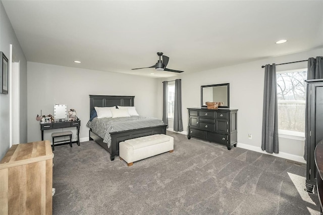 carpeted bedroom with ceiling fan