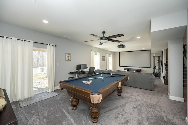 rec room with carpet flooring, pool table, and ceiling fan