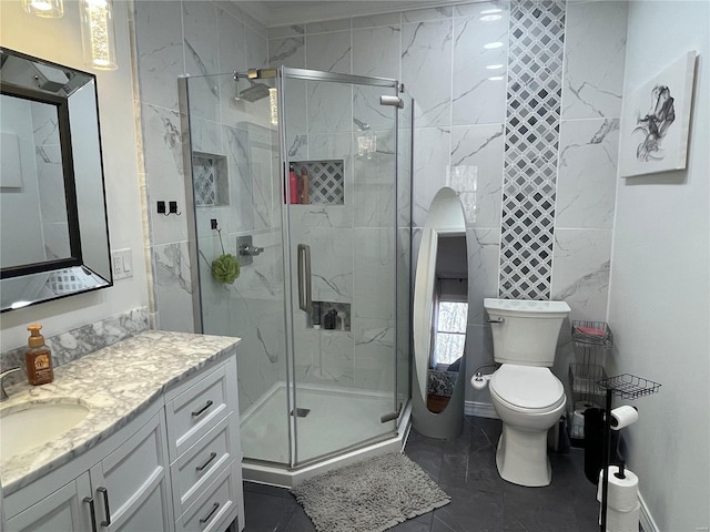 bathroom with walk in shower, vanity, and toilet