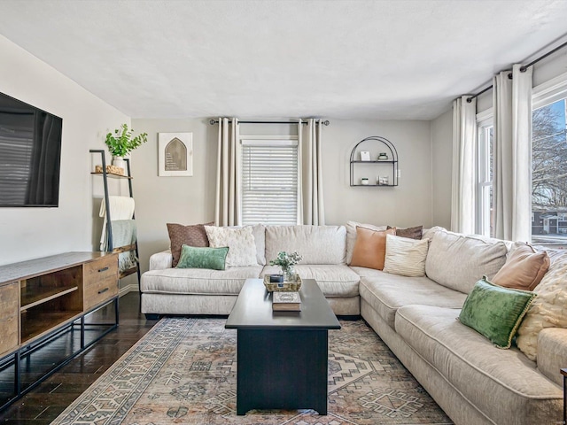 living room featuring dark wood-type flooring and a wealth of natural light