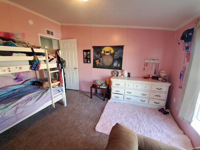 carpeted bedroom featuring ornamental molding