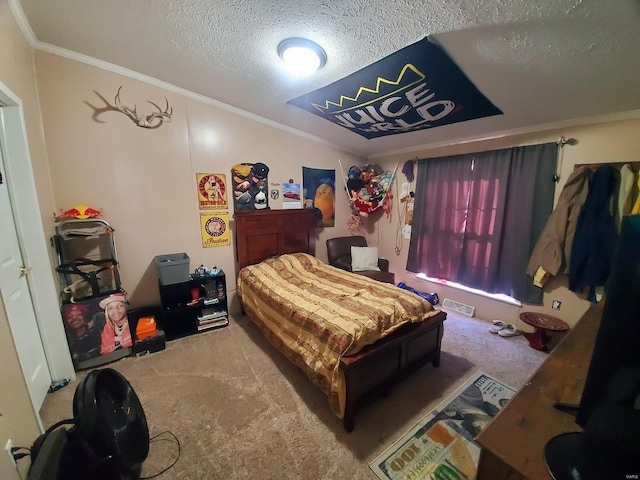 carpeted bedroom featuring a textured ceiling and crown molding