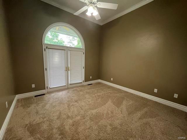 spare room with crown molding, ceiling fan, and carpet