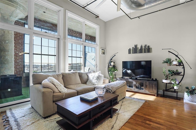 living room featuring ceiling fan and hardwood / wood-style flooring