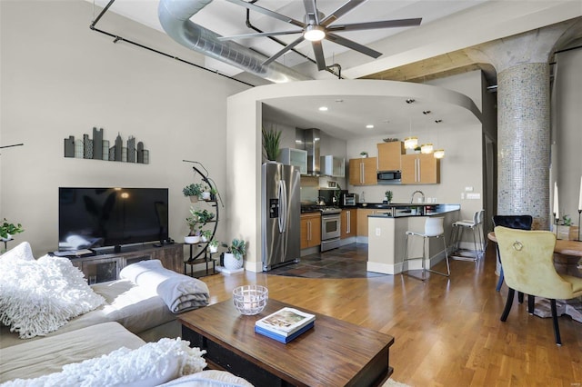 living room featuring ceiling fan, dark hardwood / wood-style floors, and sink