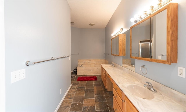 bathroom with shower with separate bathtub and vanity