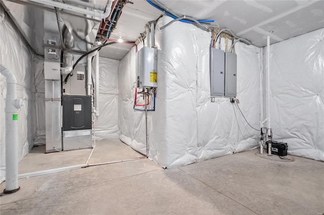 interior space with water heater and electric panel