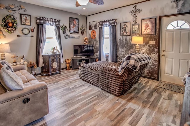 living room featuring ceiling fan and light hardwood / wood-style floors