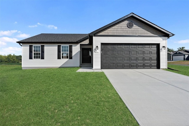 single story home featuring a front yard and a garage