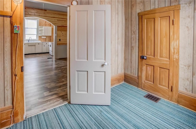 interior space featuring sink and wood walls