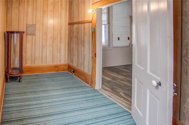 interior space with wood-type flooring and wood walls