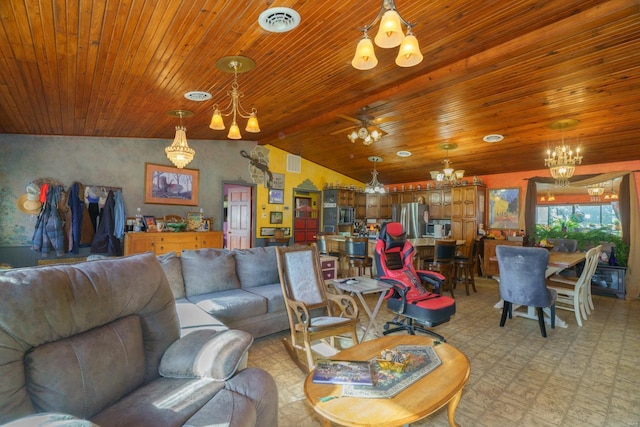 living room with vaulted ceiling and ceiling fan with notable chandelier