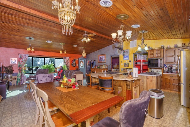 dining area featuring ceiling fan with notable chandelier, lofted ceiling with beams, and sink