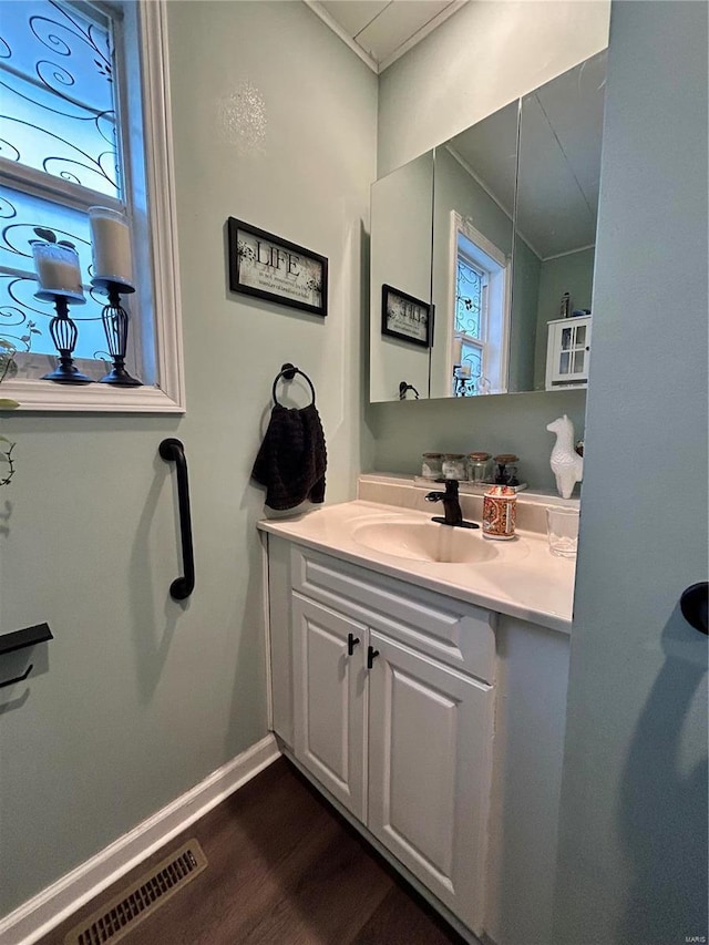 bathroom featuring hardwood / wood-style floors and vanity